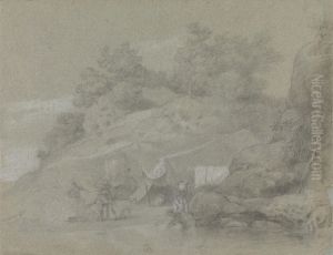 A River by a Rocky Bank with Figures, Possibly in India by Johann Zoffany