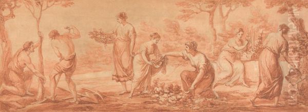 Men Planting Trees, Women Gathering Blossoms and Watering Flowers - view 1