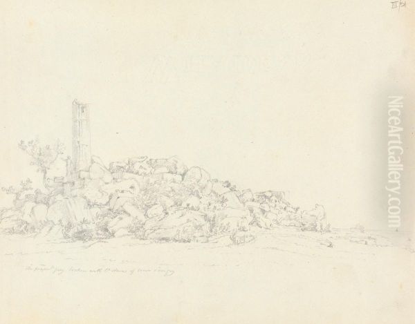 Sketch of a Ruined Temple, With a Figure Standing by the Remains of a Standing Pillar - view 1
