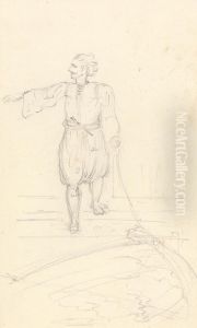 A Man in Traditional Greek Attire, Guiding a Boat, With a Line of Rope