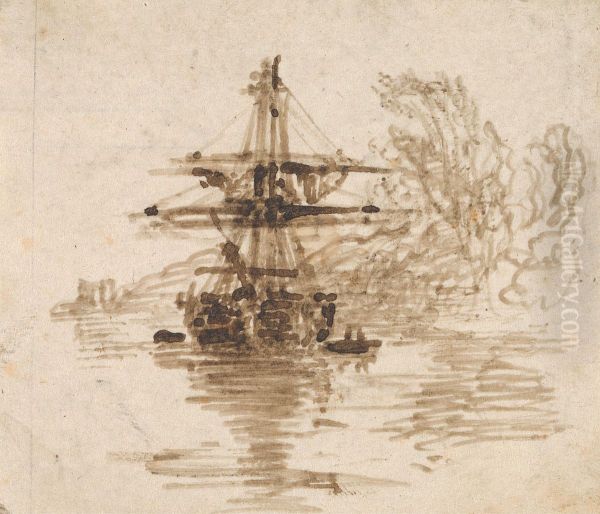 A Brig at Anchor, Trees Beyond - view 1