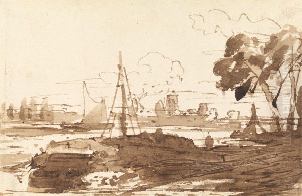 Ships on a River with Buildings in the Distance - view 1