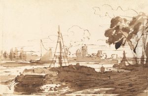 Ships on a River with Buildings in the Distance