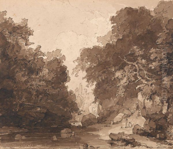 Roslyn Castle - a wooded river landscape - view 1