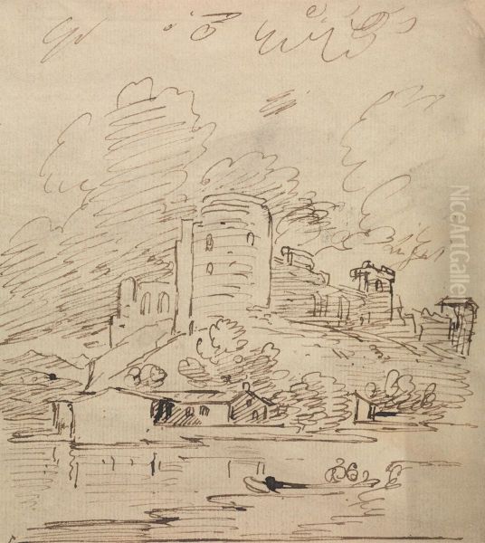 Castle with a Round Tower Above a River - view 1