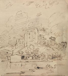 Castle with a Round Tower Above a River