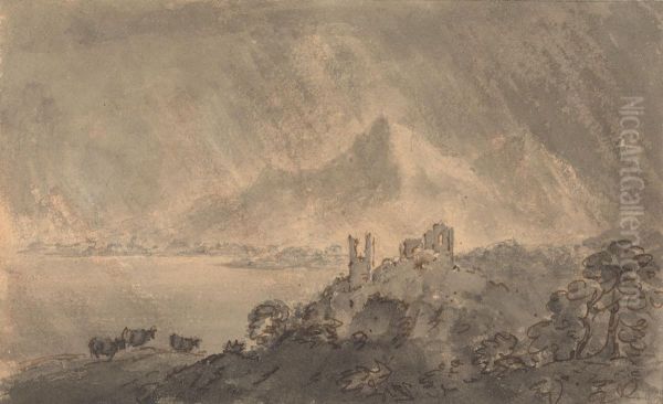 Castle above a Lake with Distant Mountain under Stormy Sky - view 1