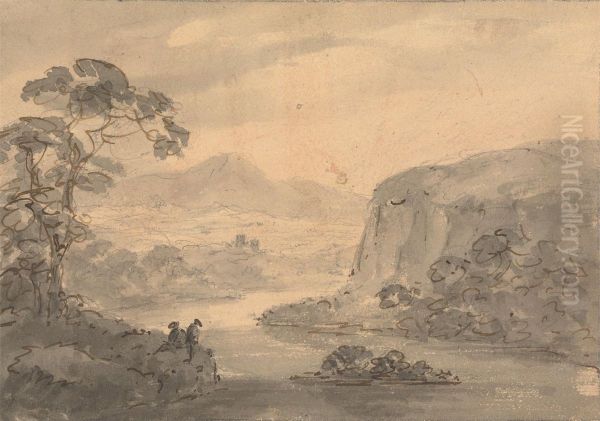 Mountainous Landscape with Two Figures overlooking a Lake - view 1