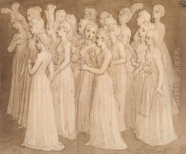 Twenty Young Girls in a Group Walking to the Left - view 1