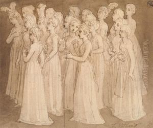 Twenty Young Girls in a Group Walking to the Left
