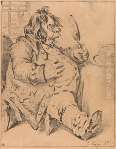 Grotesque Fat man Looking in a Hand Mirror
