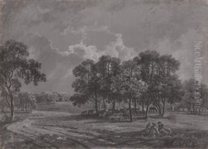 Park Scene with Deer, Cattle, and a Group of Figures by George Barret, Sr.