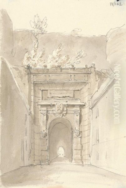 Sketch of a Stone, Arched Entry Gate - view 1