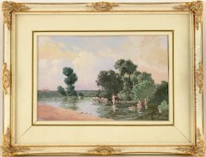 Uferlandschaft Mit Badenden Jungen Frauen Uferlandschaft Mit Badenden Jungen Frauen