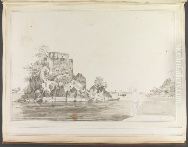 View of the Island of Jangerah at Sultanjanj with a Woman Balancing a Jug in the Foreground - view 1