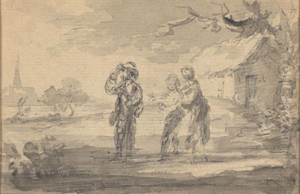 Landscape with three figures, cottage, and church spire - view 1