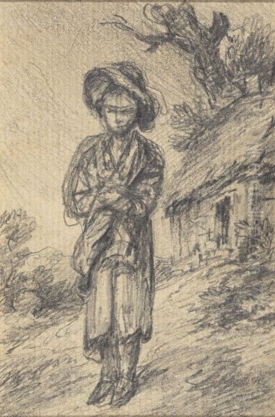 Boy Standing by a Cottage - view 1