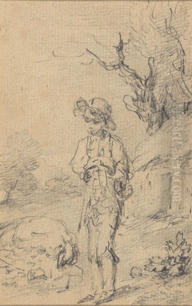 Boy standing by a cottage - view 1