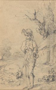Boy standing by a cottage