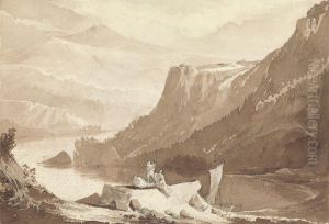 Mountainous Landscape with Figures and a Rock Above a Lake by John Martin