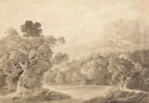 Forested River Bank, Hill Town and Mountain Peaks in Distance