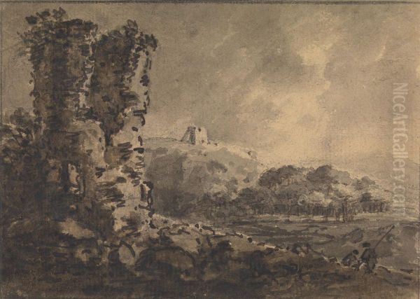 Classical Landscape with Ruin on Left, Two Figures on Right - view 1