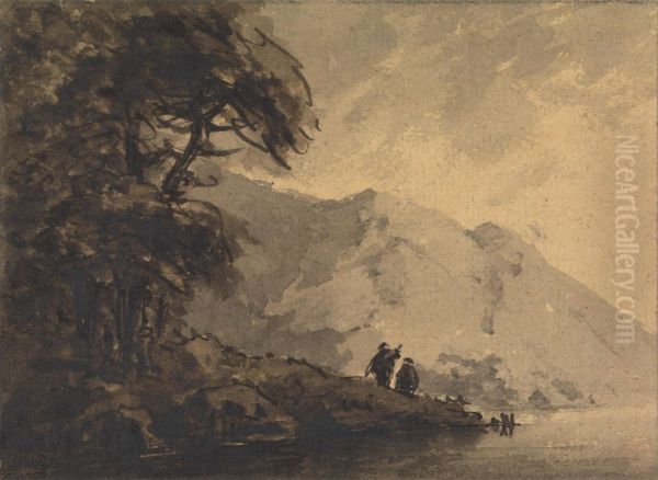 Two Figures on Shore with Mountain Rising Behind - view 1