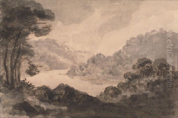 Mountainous Landscape with River, Trees and Foliage in Foreground - view 1