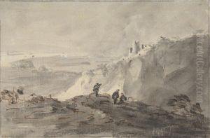 Three Figures in a Hilly Landscape with Ruins, beyond by William Gilpin