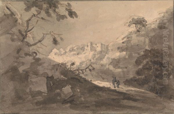 Two Figures on a Road with Castle in Center Distance - view 1