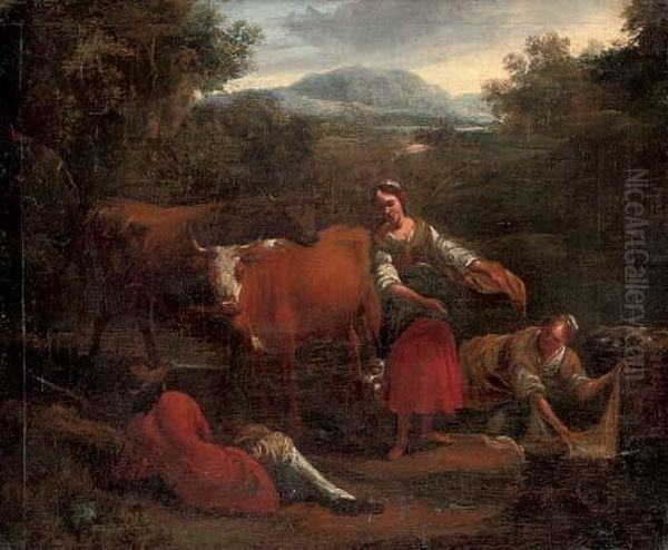A River Landscape With Washerwomen Conversing With A Drover, His Cattle Beyond - view 1