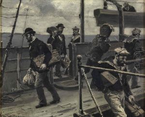 Arrivee des passagers sur le pont d'un navire