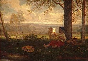 Enfant donnant a manger a un mouton by Alexandre-Gabriel Decamps
