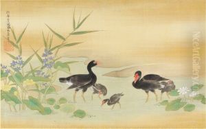 Black Birds and Tree Chickens in Pond Amid Lotus and Water Plantain by Kano Yasunobu