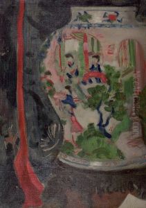 Still Life with Asian Vase and Red Ribbon