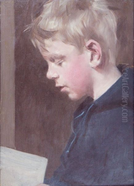 Profile Portrait of Young Boy Holding a Book - view 1