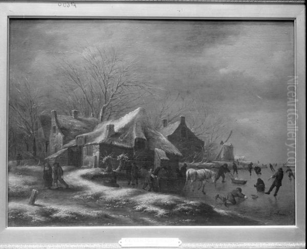 Winter Landscape with Cottages and a Windmill at the Bank of a Frozen River - view 1