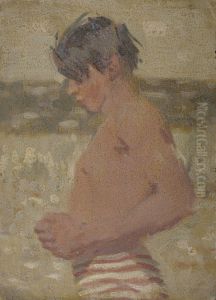 Beach Scene with Boy in Striped Shorts