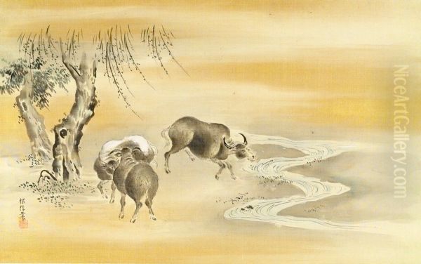 Three Black Buffalo under a Willow Tree by a Stream - view 1