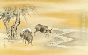 Three Black Buffalo under a Willow Tree by a Stream