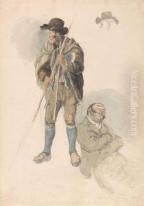 A Farm Worker, Mr. Samuel, the Drawing Master Reclining and Dozing, and a Slight Sketch of a Man in a Hat by Robert Hills