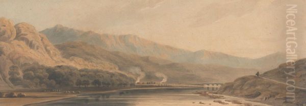 Mountainous Landscape, with River Flowing to Bridge in Distance, a Figure Right - view 1