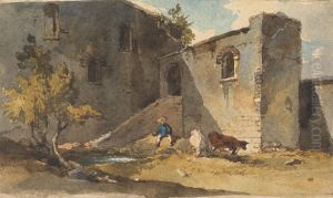 Figure with Cattle Standing in the Shadow of a Building