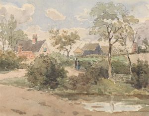 Country Landscape with Cottage, Windmill, Barns and Figures with Pond in Foreground
