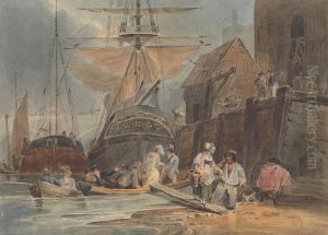 Ships at Wharf with Passengers Disembarking by Luke Clennell