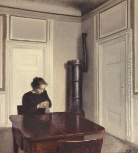 A room. The corner of a room with walls painted grey-lilac, divided into panels. by Vilhelm Hammershoi
