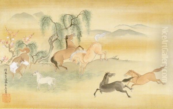 Six Horses in a Field with Peach and Willow Trees - view 1