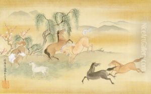 Six Horses in a Field with Peach and Willow Trees