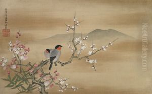Java Sparrows on White and Pink Plum by Kano Yasunobu
