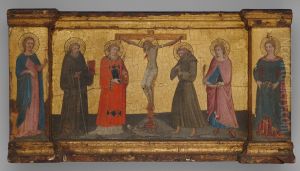 Christ on the Cross with Saints Margaret (?) Anthony Abbot, an unidentified deacon saint, Francis, Minias, and Dorothea by Lippo D'Andrea
